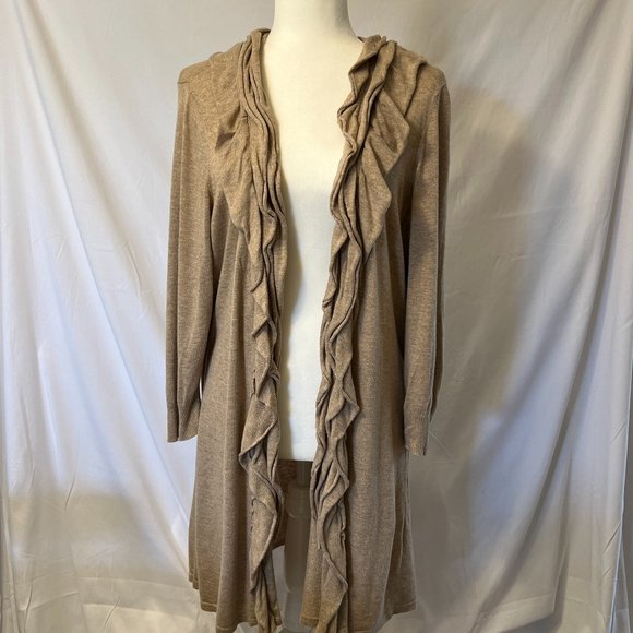 New York & Company ¾ sleeve ruffle front duster sweater - Picture 1 of 6